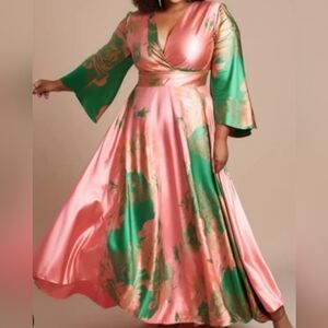 Satin Wrap Maxi Dress in Pink and Green